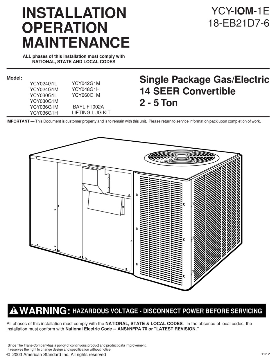 American Standard Ycy024g1l Installation Operation Maintenance Pdf Download Manualslib