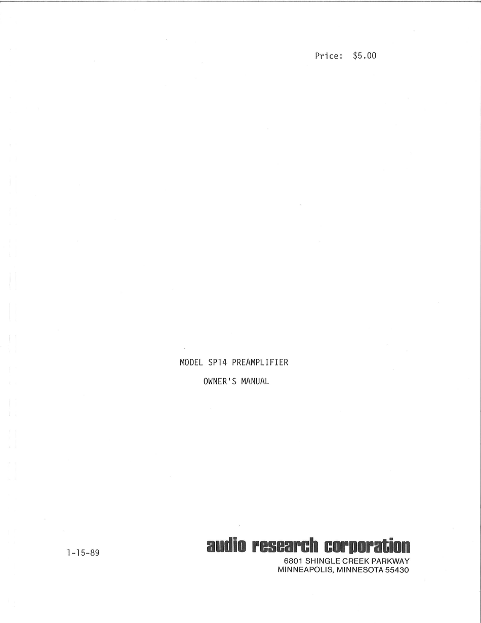 Audio Research Sp14 Owner S Manual Pdf Download Manualslib