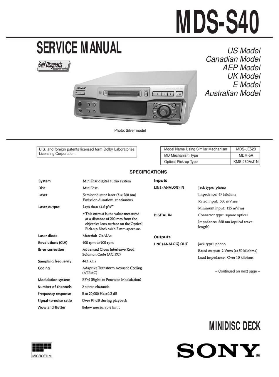 SONY MDS-S40 SERVICE MANUAL Pdf Download | ManualsLib