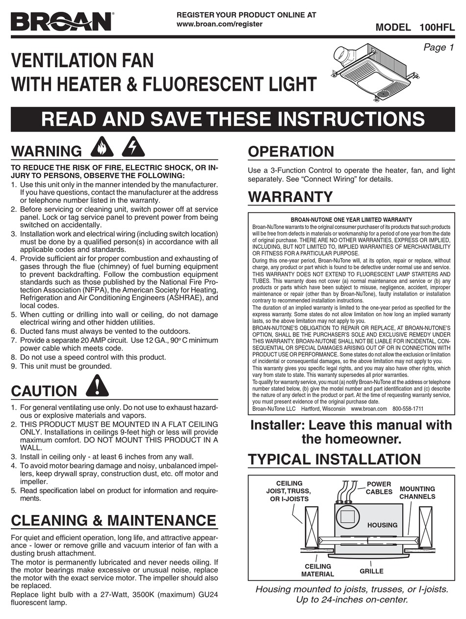 BROAN 100HFL MANUAL Pdf Download | ManualsLib
