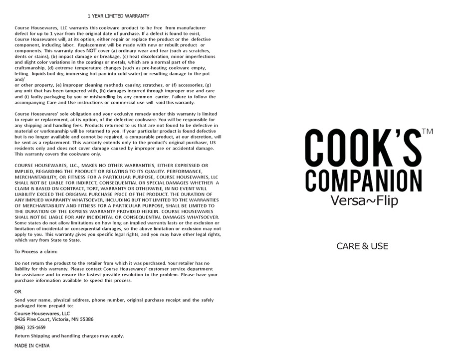 COOK'S COMPANION VERSAFLIP CARE & USE Pdf Download ManualsLib