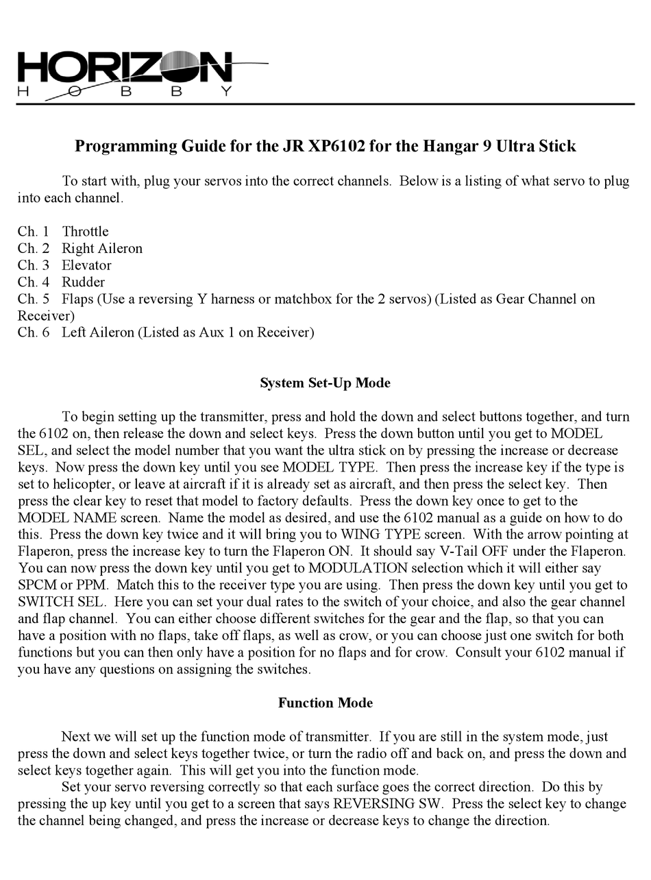 HORIZON HOBBY JR XP6102 PROGRAMMING MANUAL Pdf Download ManualsLib