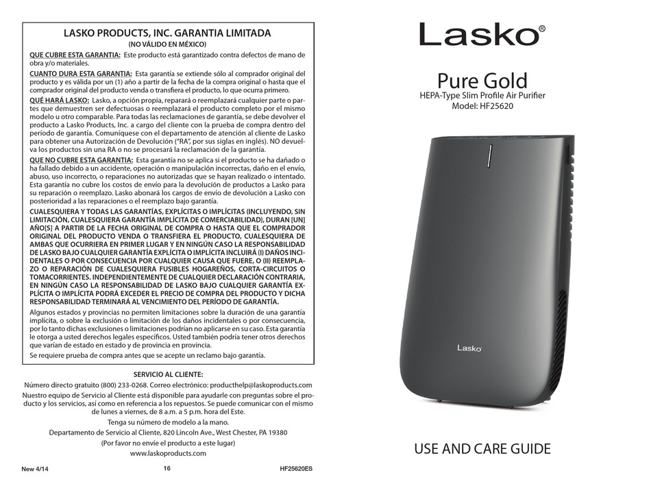 LASKO PURE GOLD HF25620 USE AND CARE MANUAL Pdf Download