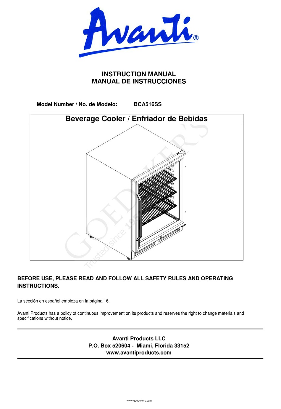 AVANTI BCA516SS INSTRUCTION MANUAL Pdf Download ManualsLib