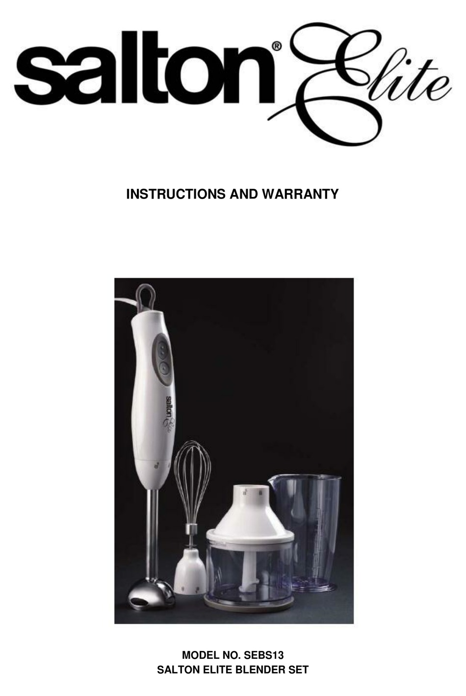 SALTON ELITE SEBS13 INSTRUCTIONS AND WARRANTY Pdf Download ManualsLib
