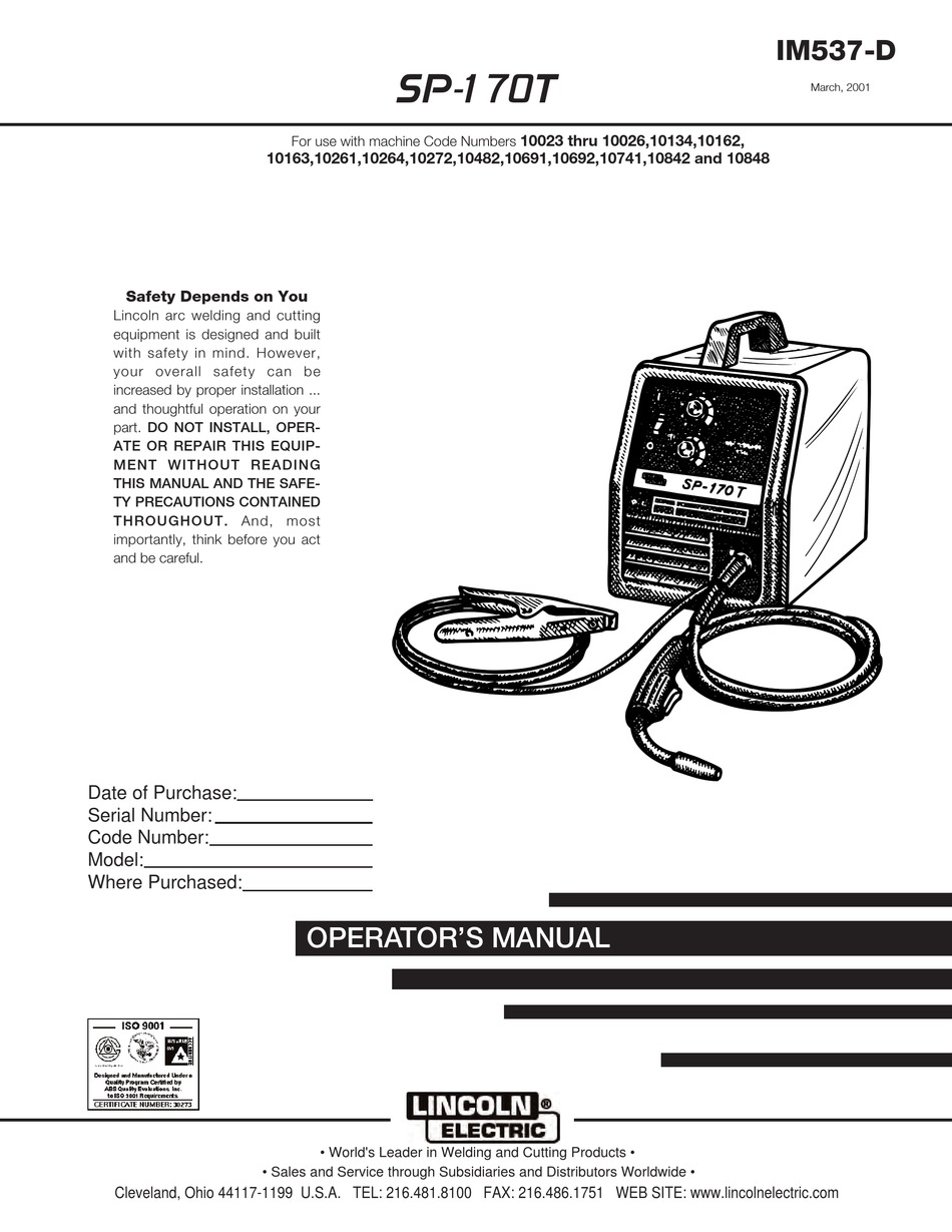 Lincoln Electric Sp 170t Operator S Manual Pdf Download Manualslib