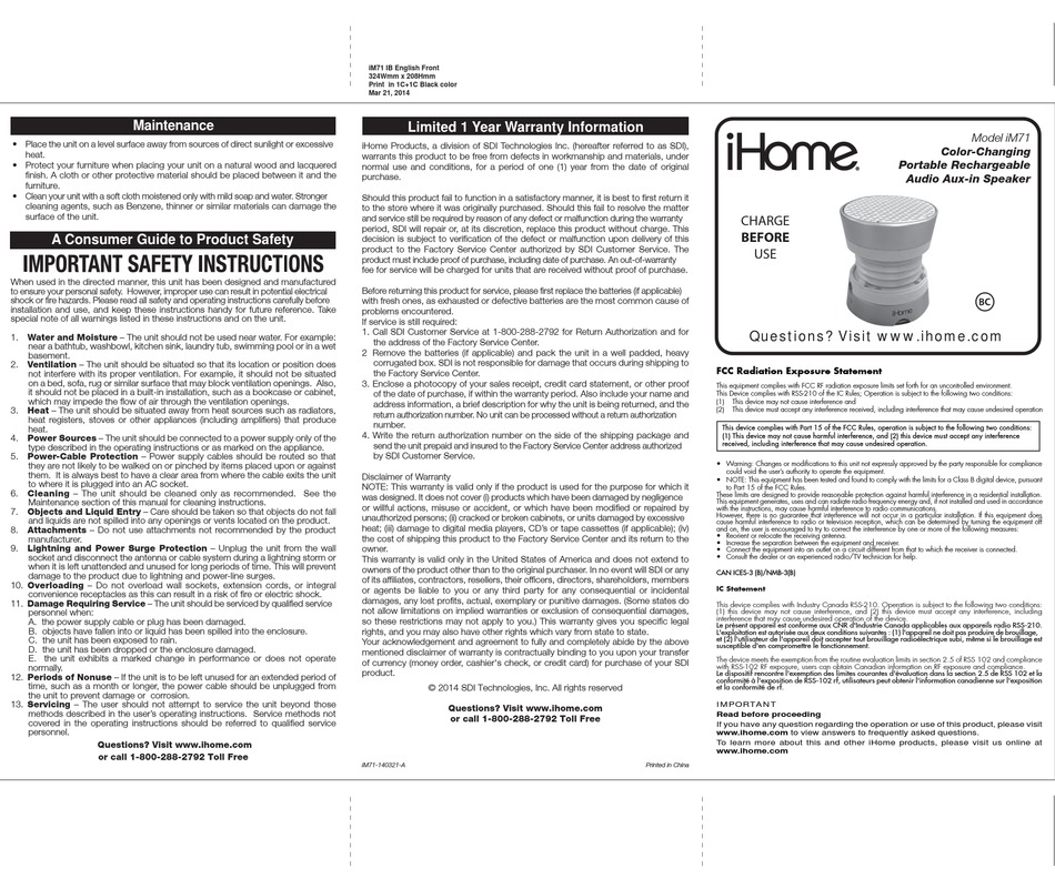 IHOME IM71 USER MANUAL Pdf Download ManualsLib