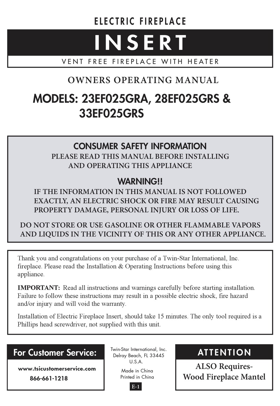 Twin Star International 23ef025gra Owner Operating Instructions Pdf Download Manualslib