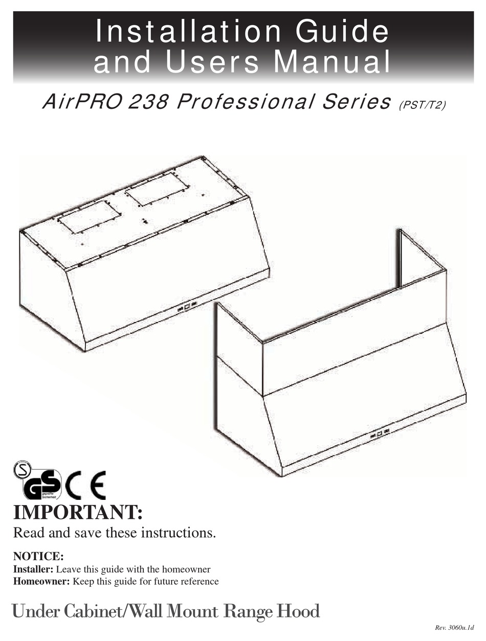 CAVALIERE AIRPRO 238 PROFESSIONAL SERIES INSTALLATION MANUAL AND USER'S