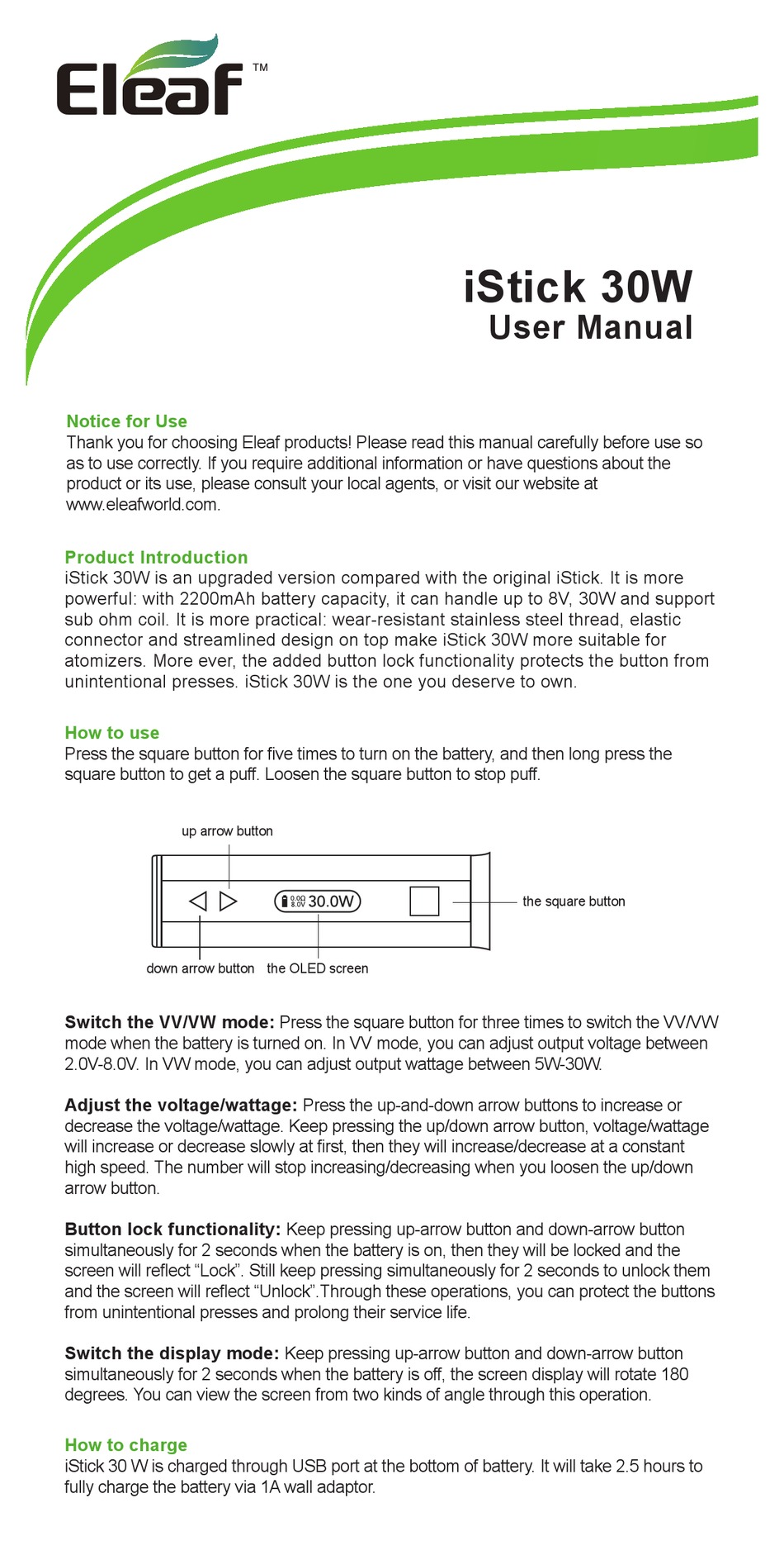 ELEAF ISTICK 30W USER MANUAL Pdf Download | ManualsLib