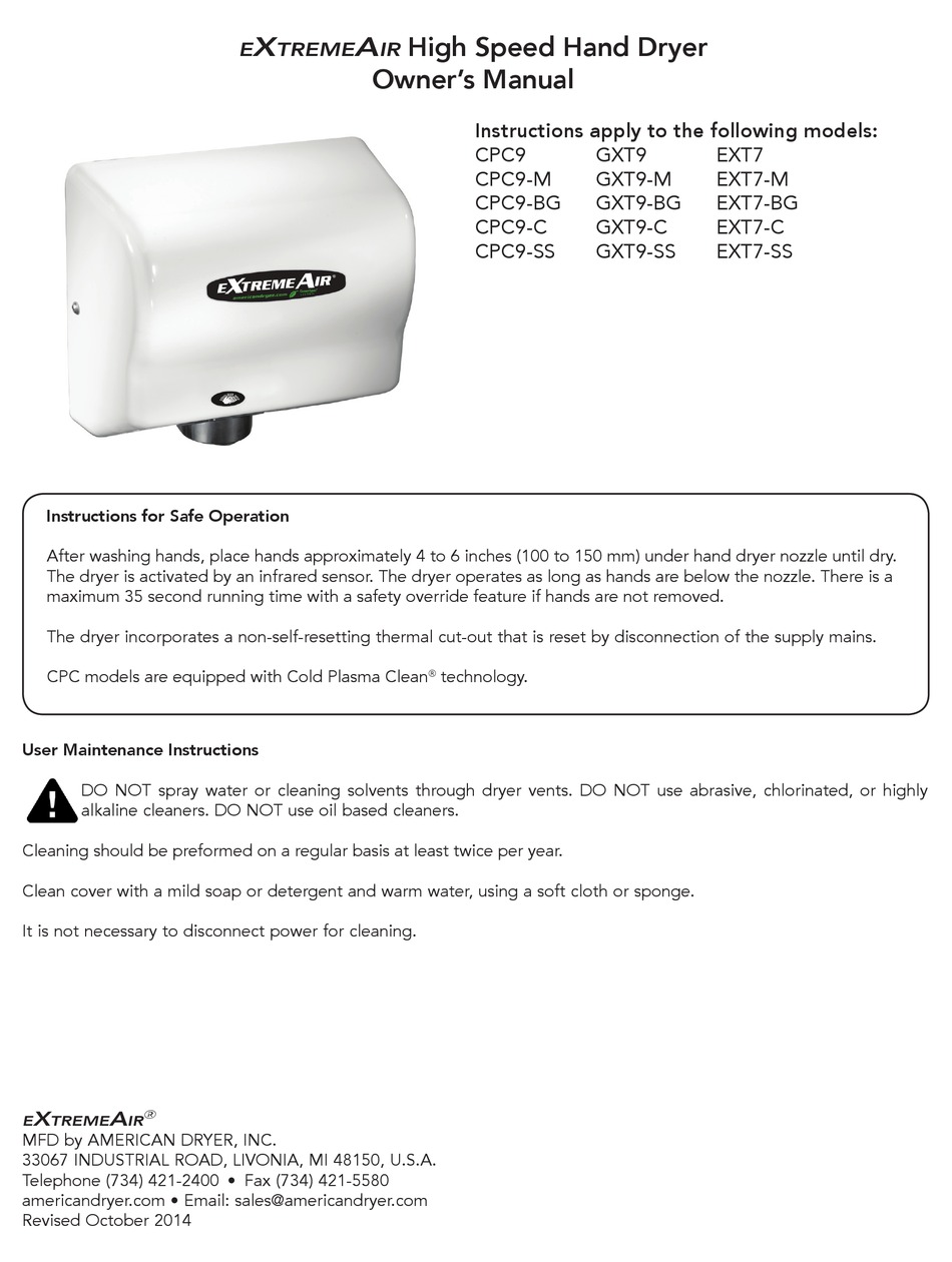 EXTREMEAIR CPC9 OWNER'S MANUAL Pdf Download ManualsLib