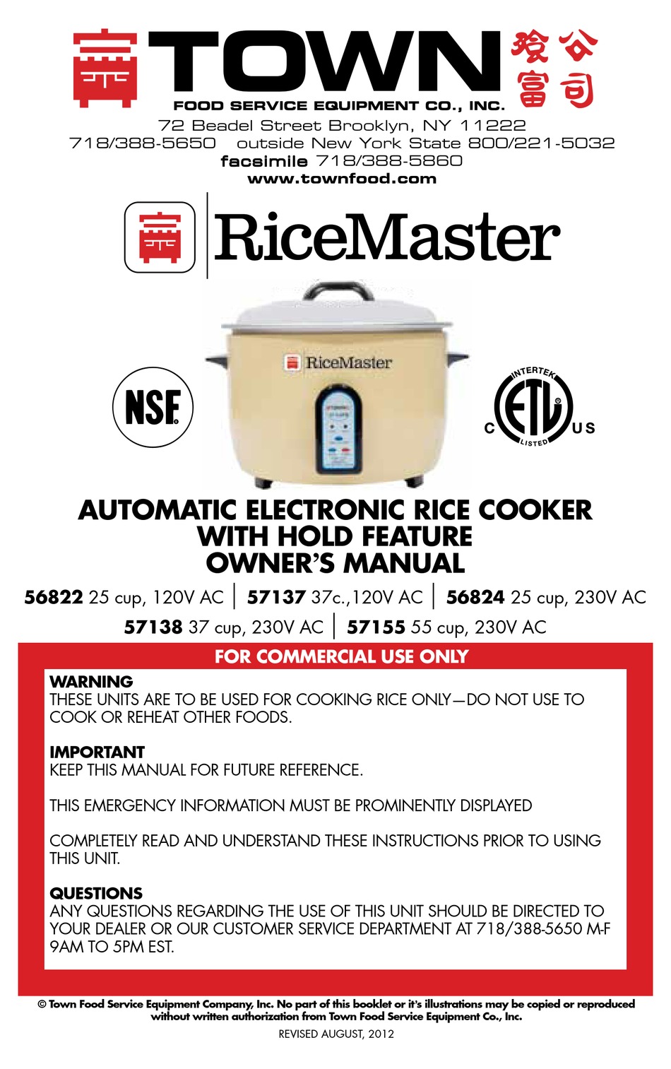 Town 56822 50 Cup (25 Cup Raw) Electric Rice Cooker / Warmer - 120V, 1700W