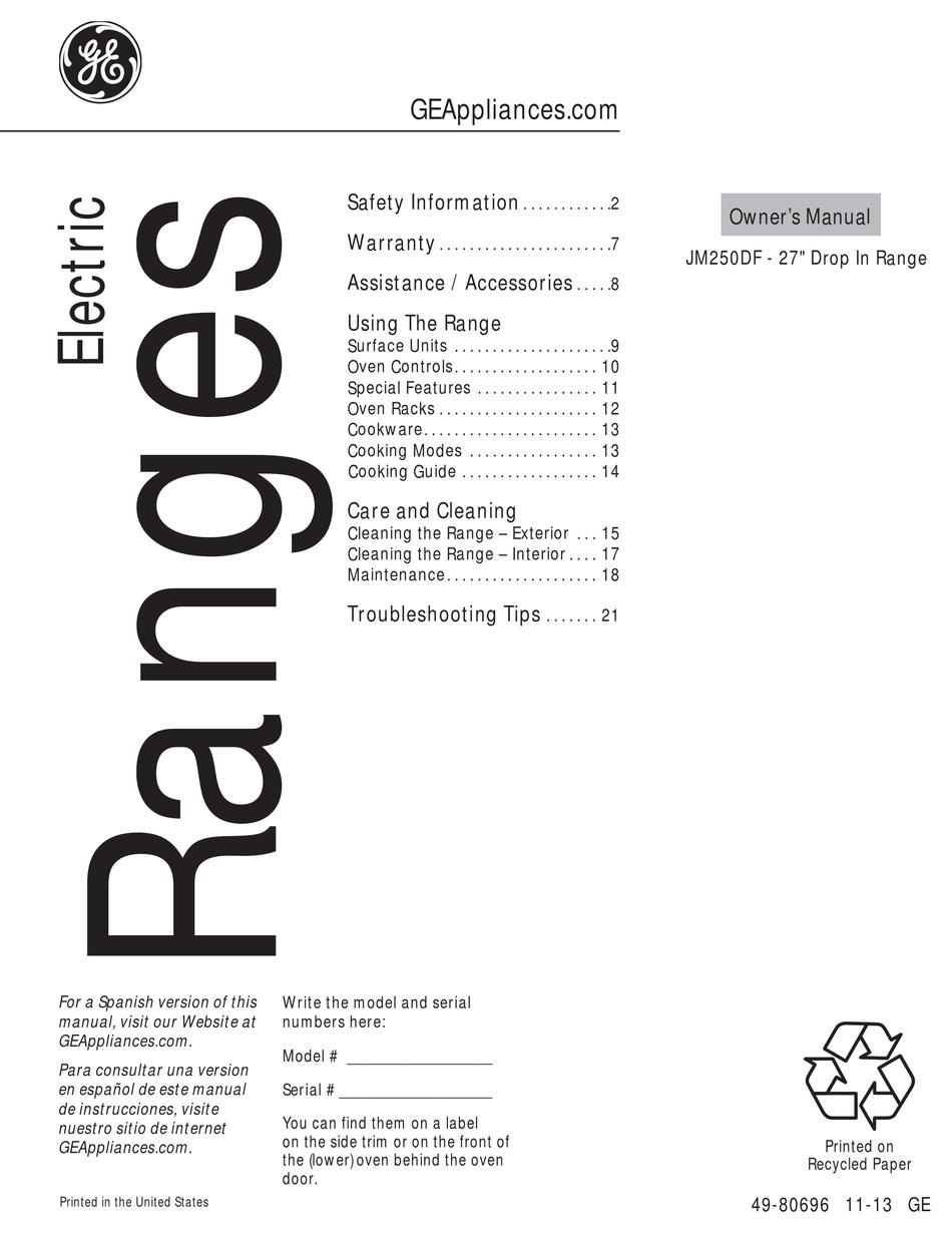 GE JM250DF OWNER'S MANUAL Pdf Download ManualsLib