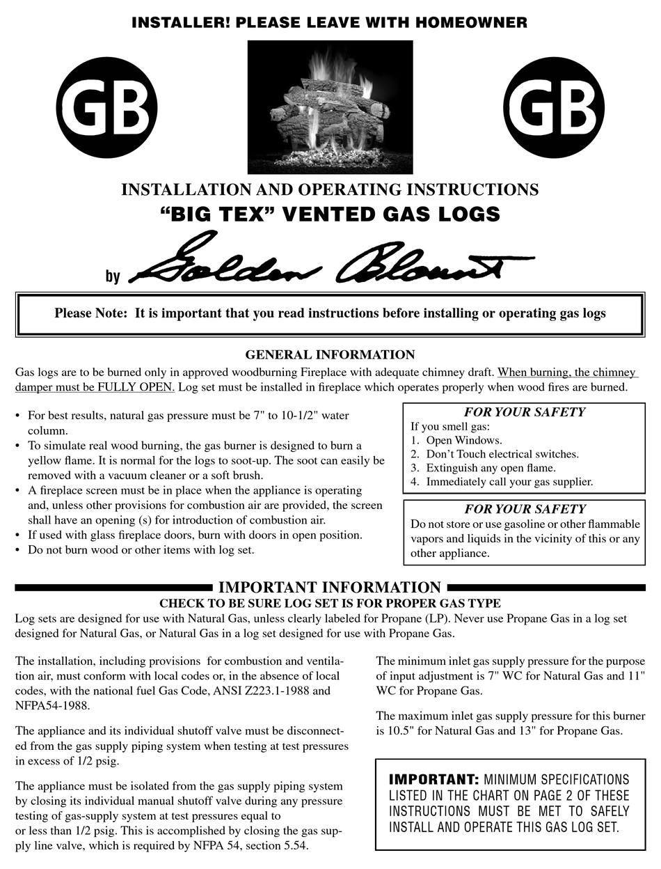 GOLDEN BLOUNT BIG TEX BT24 INSTALLATION AND OPERATING INSTRUCTIONS