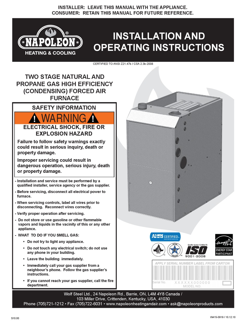 NAPOLEON 9600 SERIES INSTALLATION AND OPERATING INSTRUCTIONS MANUAL Pdf