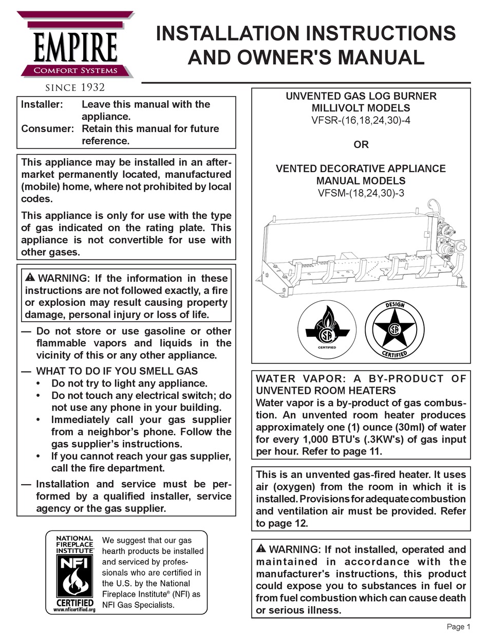 EMPIRE COMFORT SYSTEMS VFSR164 INSTALLATION INSTRUCTIONS AND OWNER
