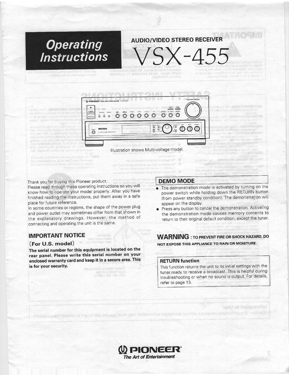PIONEER VSX455 OPERATING INSTRUCTIONS MANUAL Pdf Download ManualsLib