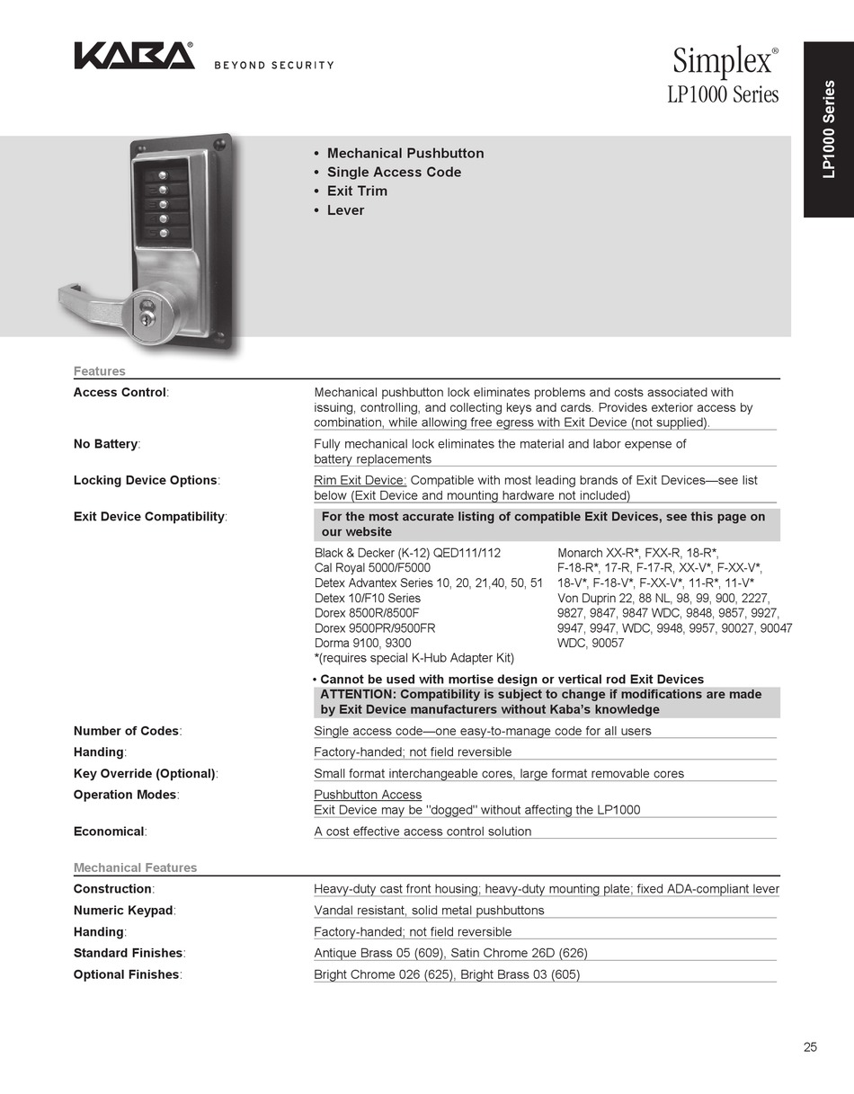 KABA SIMPLEX LP1000 SERIES OWNER'S MANUAL Pdf Download | ManualsLib