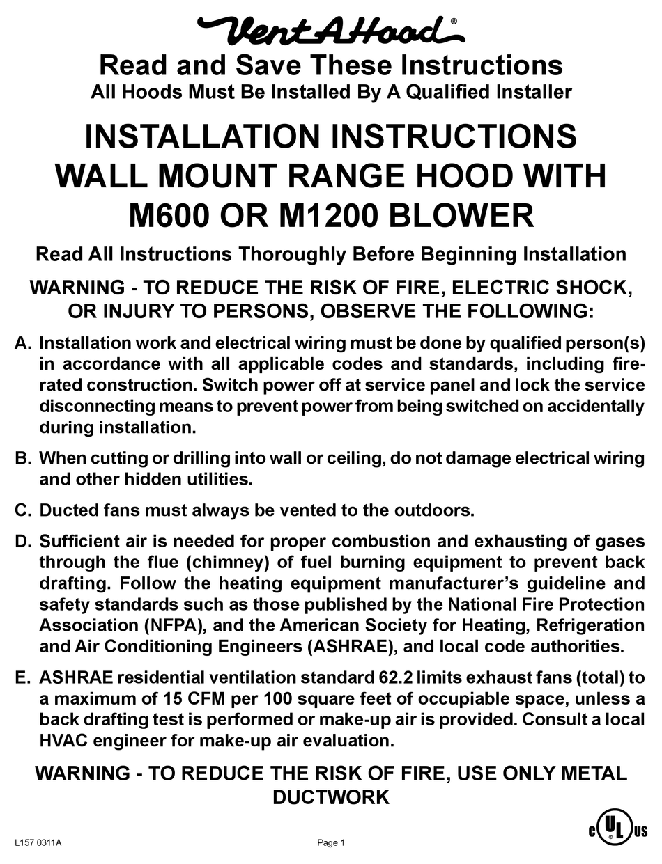 VENT-A-HOOD M600 INSTALLATION INSTRUCTIONS MANUAL Pdf Download | ManualsLib