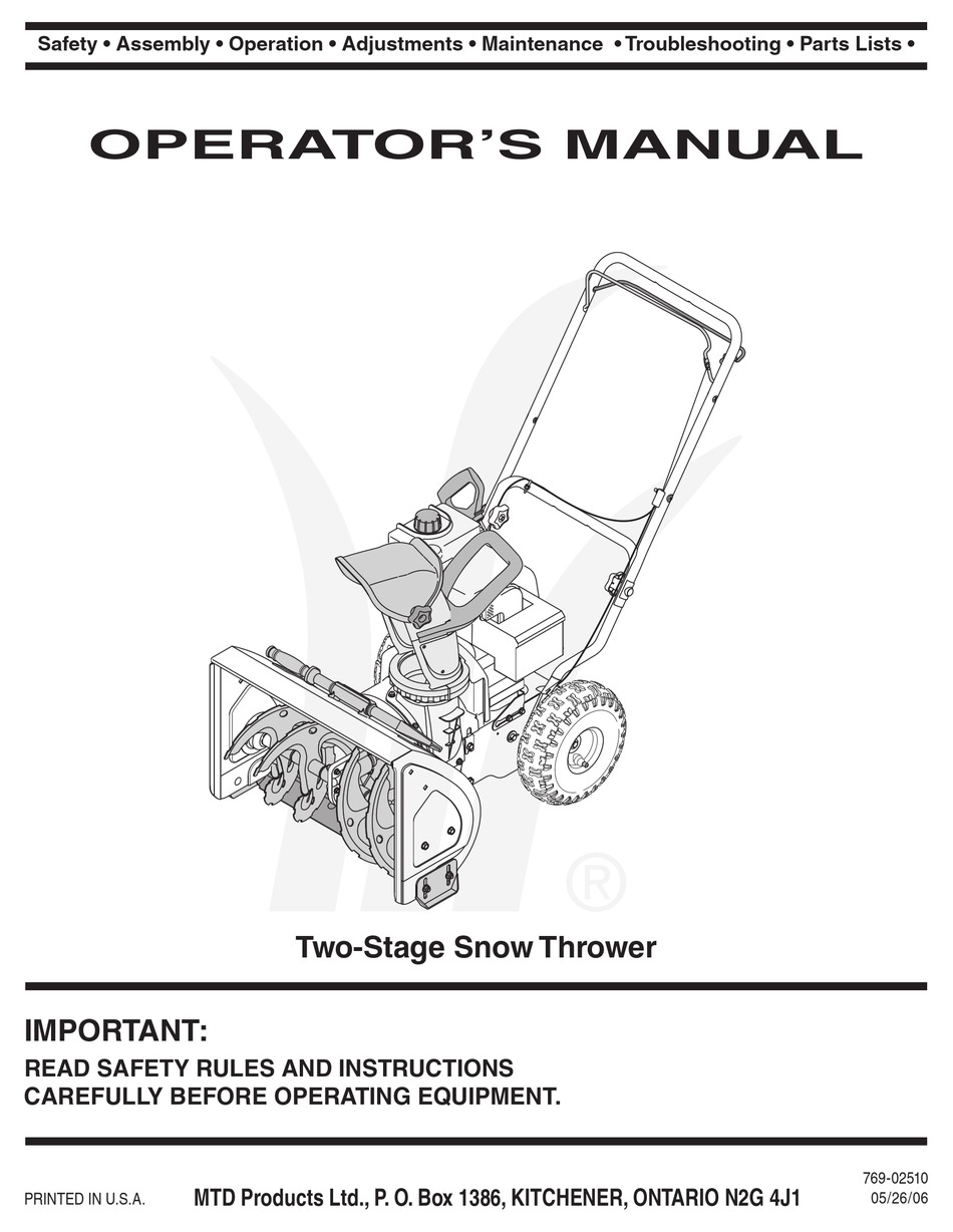 MTD TWO-STAGE SNOW THROWER 300SERIES OPERATOR'S MANUAL Pdf Download ...