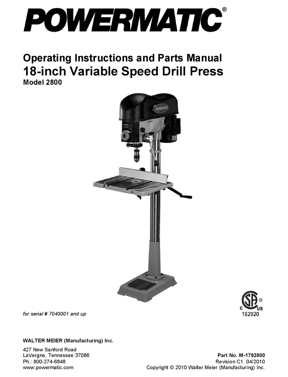 POWERMATIC 2800 OPERATING INSTRUCTIONS AND PARTS MANUAL Pdf Download
