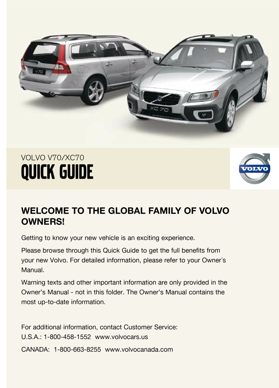 VOLVO V70 QUICK MANUAL Pdf Download | ManualsLib