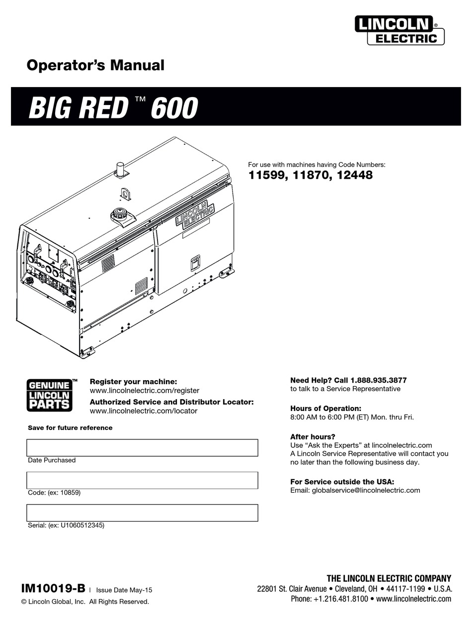 LINCOLN GLOBAL BIG RED 600 OPERATOR'S MANUAL Pdf Download | ManualsLib