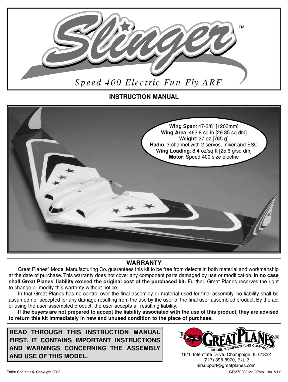 GREAT PLANES SLINGER GPMA1180 INSTRUCTION MANUAL Pdf Download ManualsLib