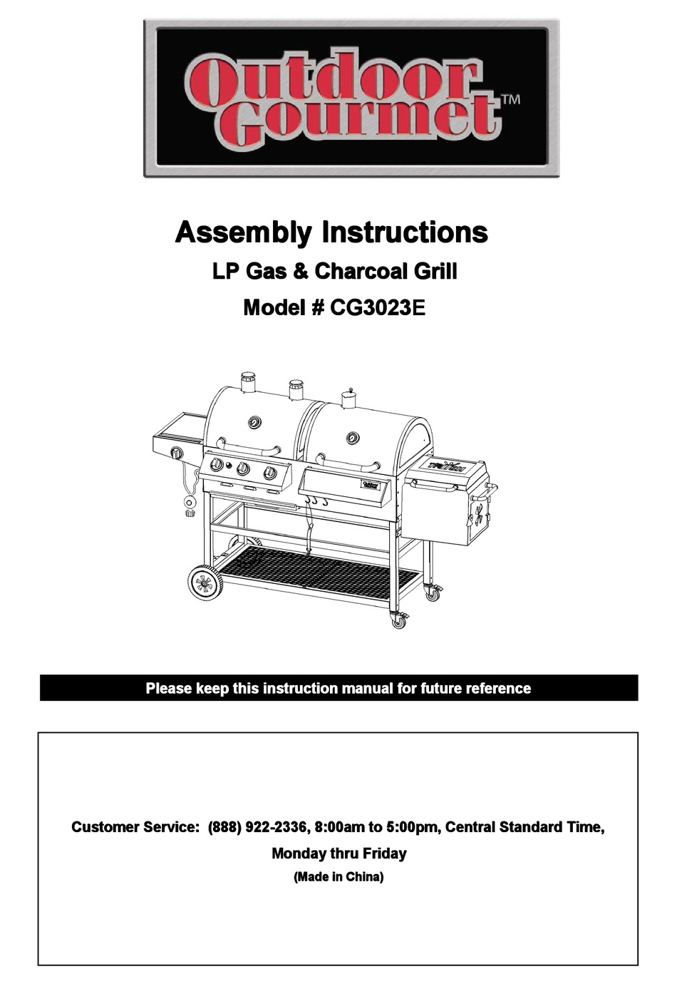 OUTDOOR GOURMET CG3023E ASSEMBLY INSTRUCTIONS MANUAL Pdf Download