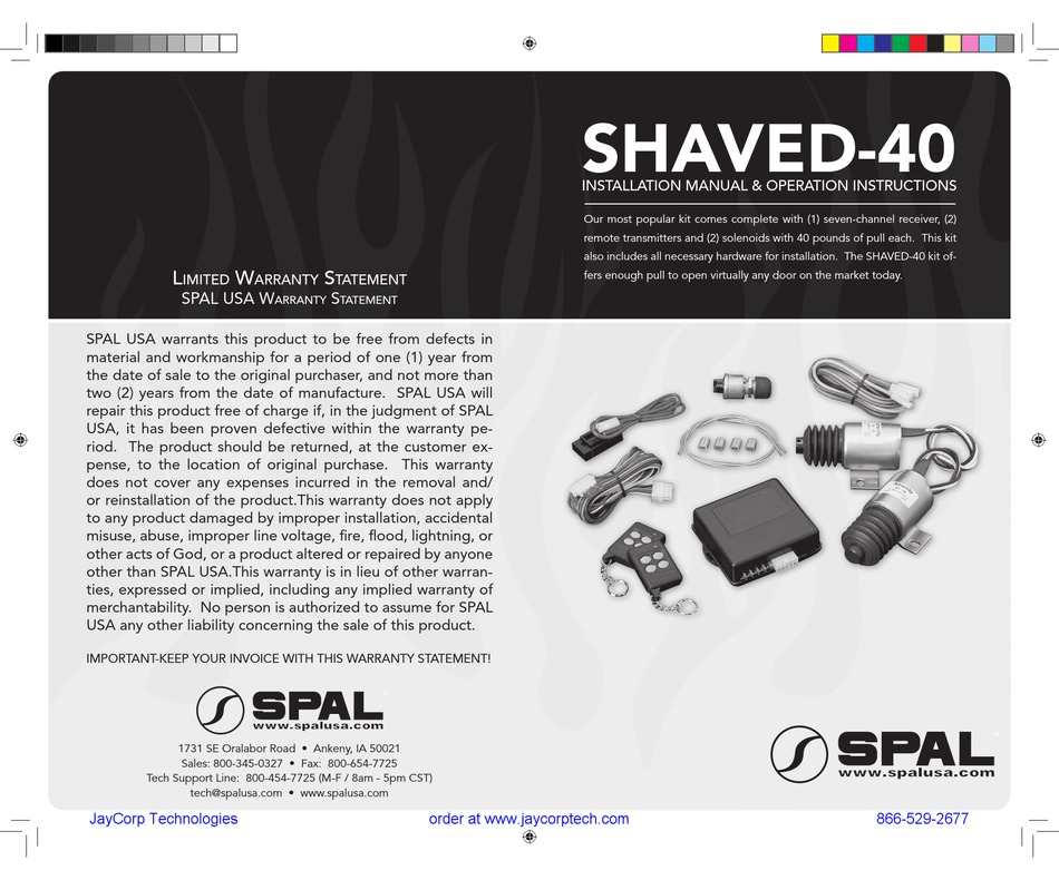SPAL SHAVED40 INSTALLATION MANUAL AND OPERATING INSTRUCTIONS Pdf