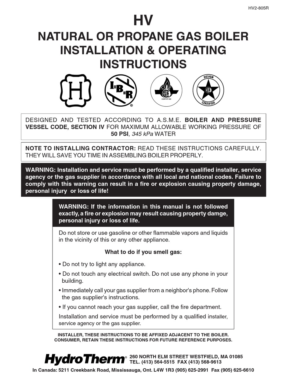 HYDROTHERM HV50 INSTALLATION & OPERATING INSTRUCTIONS MANUAL Pdf
