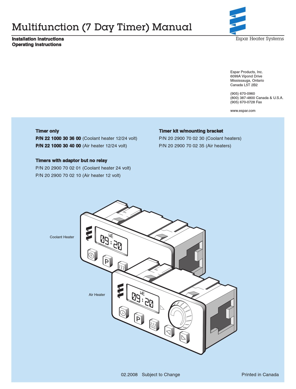 Espar 22 1000 30 36 00 Installation Instructions Operating Instructions Pdf Download Manualslib