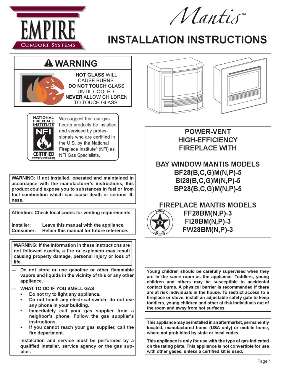 EMPIRE MANTIS BF28BM5 INSTALLATION INSTRUCTIONS MANUAL Pdf Download