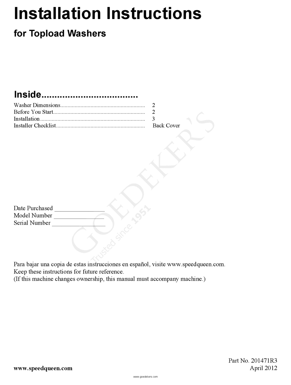 GOEDEKER'S SPEED QUEEN AWN432SP INSTALLATION INSTRUCTIONS MANUAL Pdf