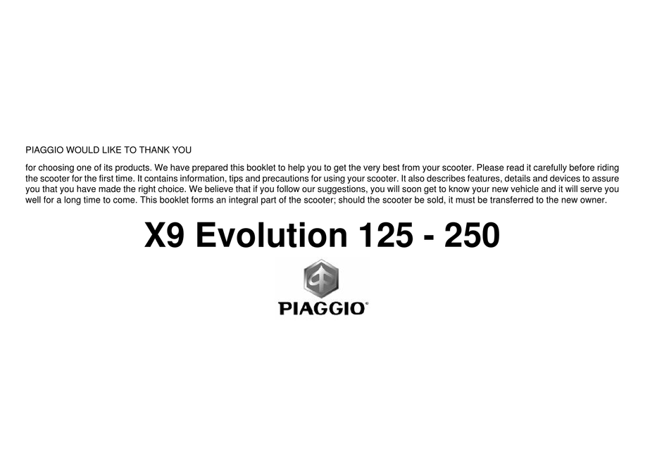 Piaggio X9 Evolution 125 Owner S Manual Pdf Download Manualslib