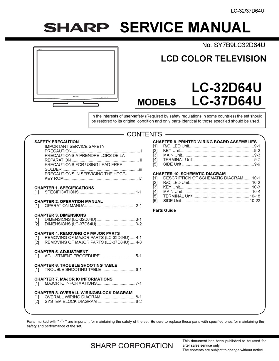 SHARP LC-37D64U SERVICE MANUAL Pdf Download | ManualsLib