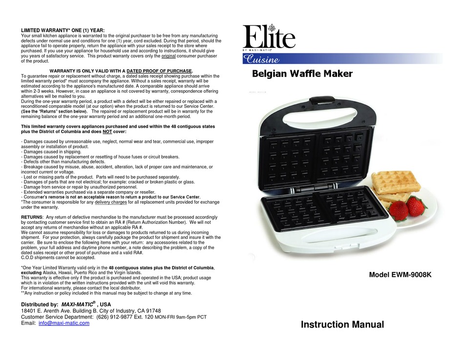 Elite Gourmet EWM460 Flip Waffle Maker Instruction Manual