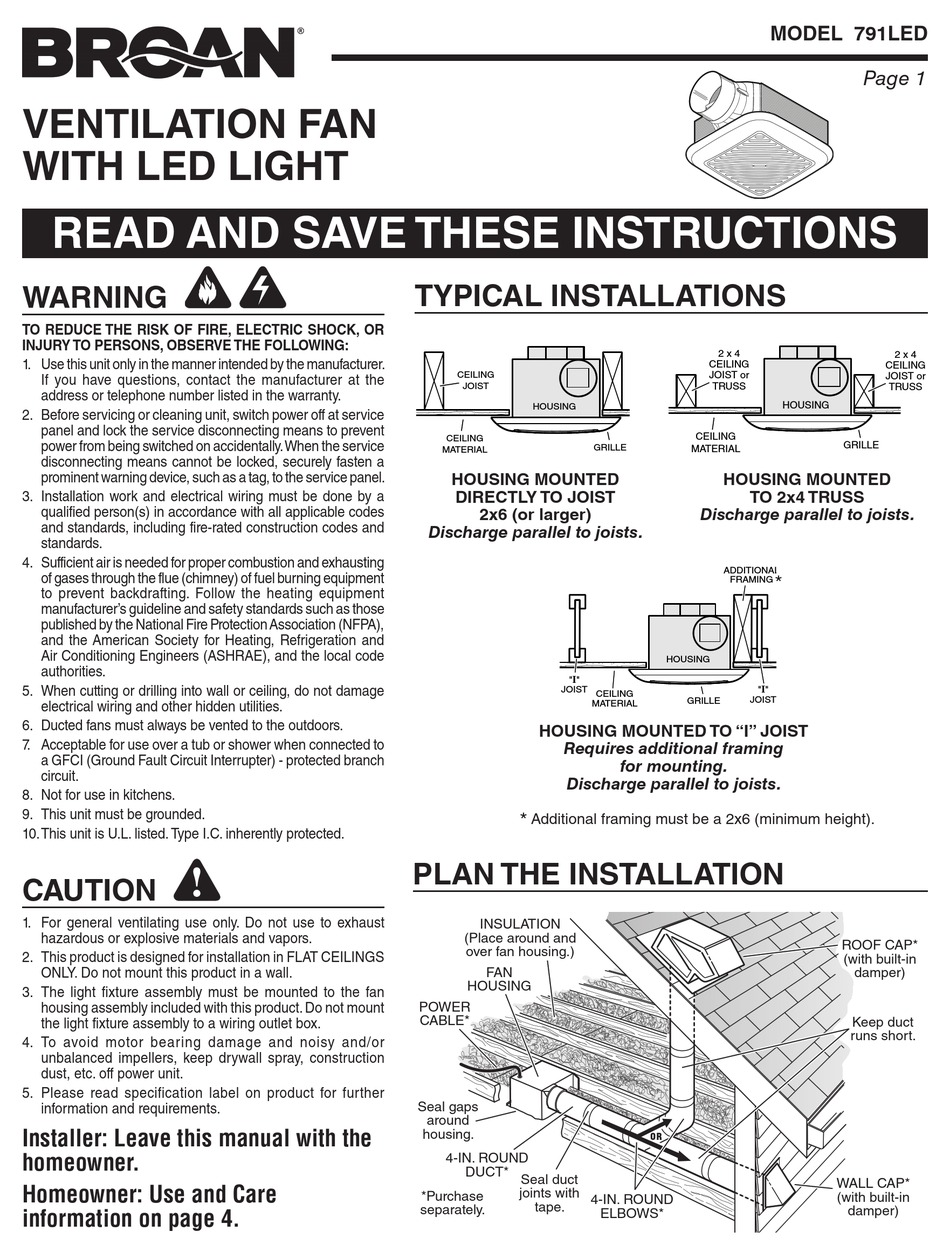 Broan 791led Instructions Manual Pdf Download Manualslib