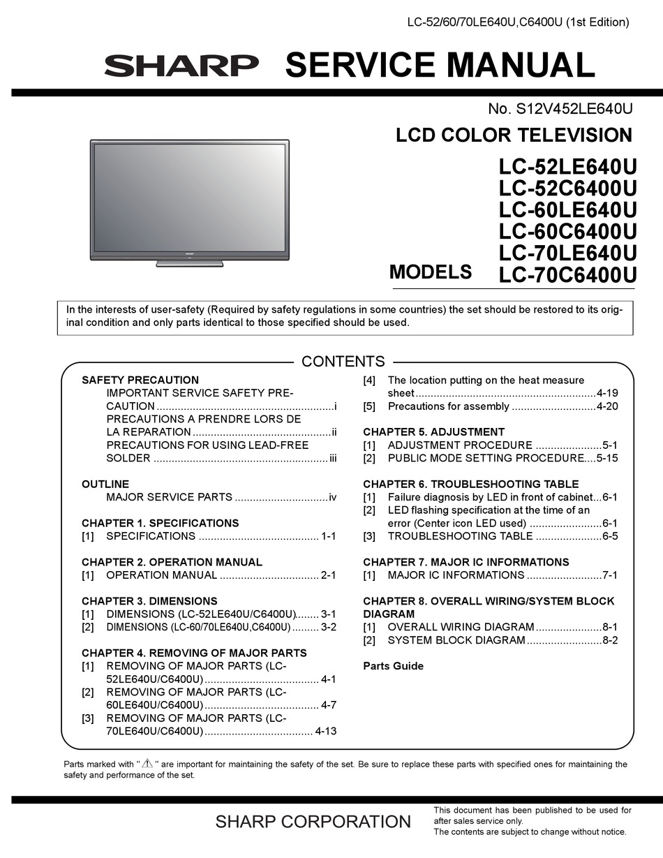 Sharp Lc 52le640u Service Manual Pdf Download Manualslib