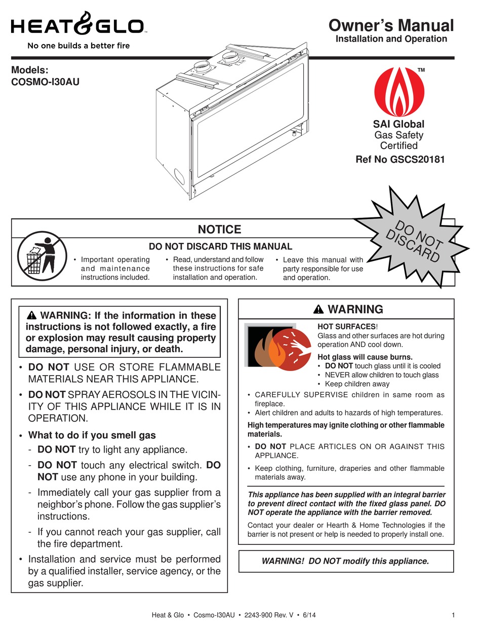 HEAT & GLO COSMO-I30AU OWNER'S MANUAL Pdf Download | ManualsLib