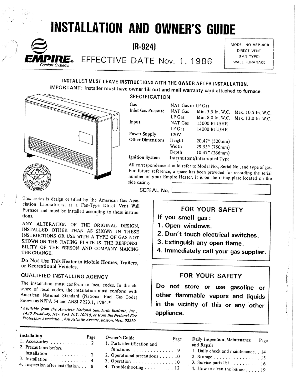 EMPIRE COMFORT SYSTEMS VEP-40B INSTALLATION AND OWNER'S MANUAL Pdf ...