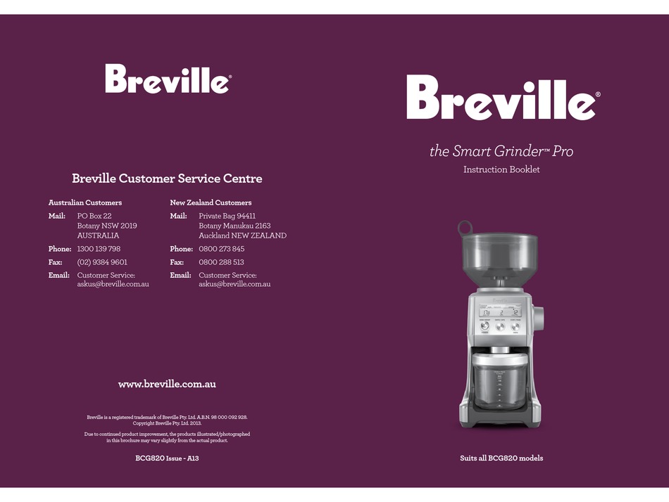 Breville Smart Grinder Pro Bcg820 Instruction Booklet Pdf Download Manualslib