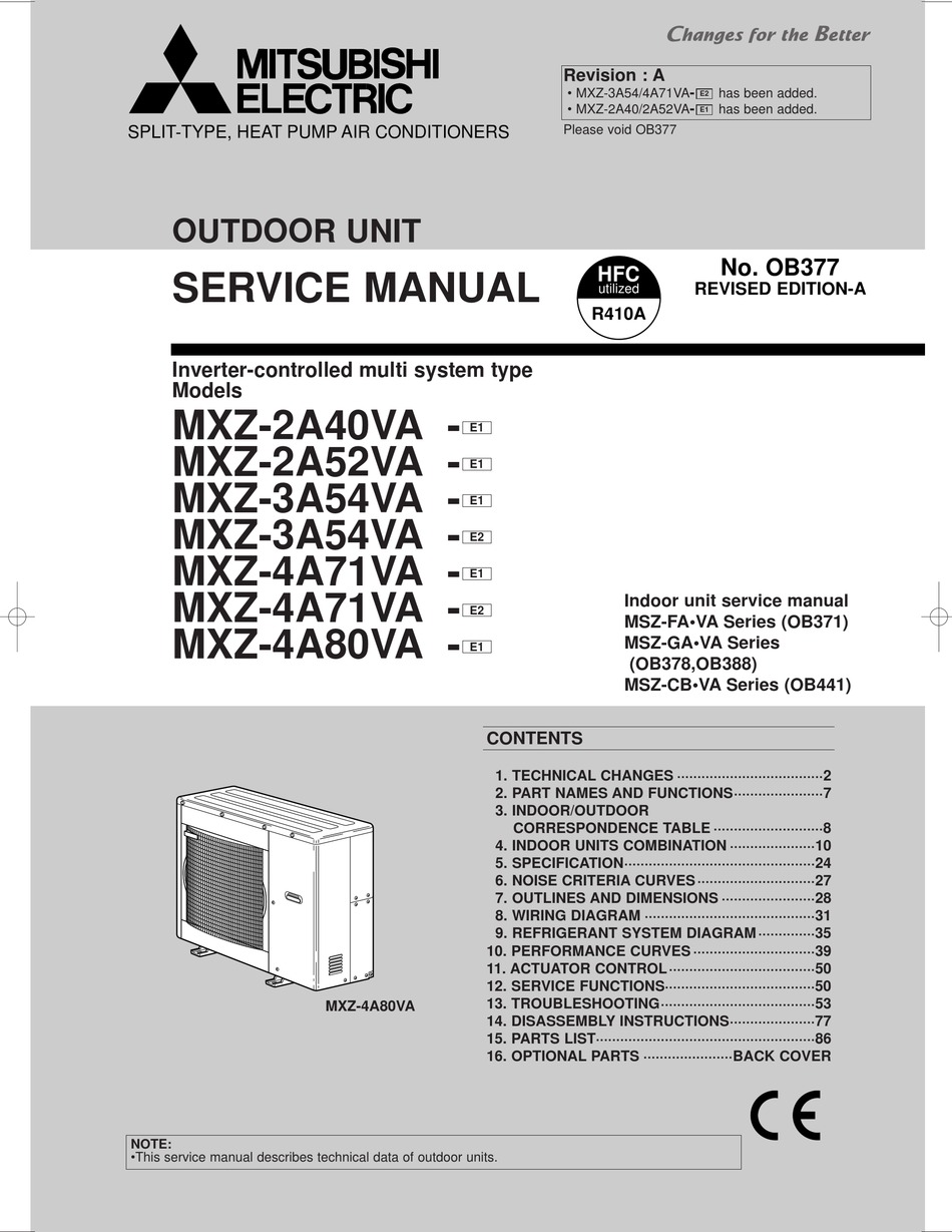 Mitsubishi Electric Mxz-2A40Va Service Manual Pdf Download | Manualslib