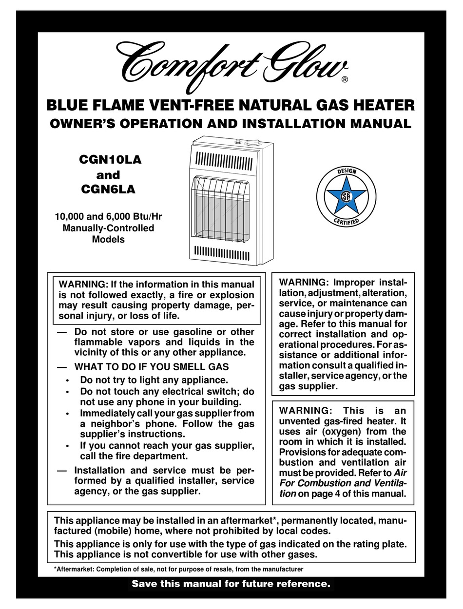 COMFORT GLOW CGN10LA OWNER'S OPERATION AND INSTALLATION MANUAL Pdf Download  | ManualsLib