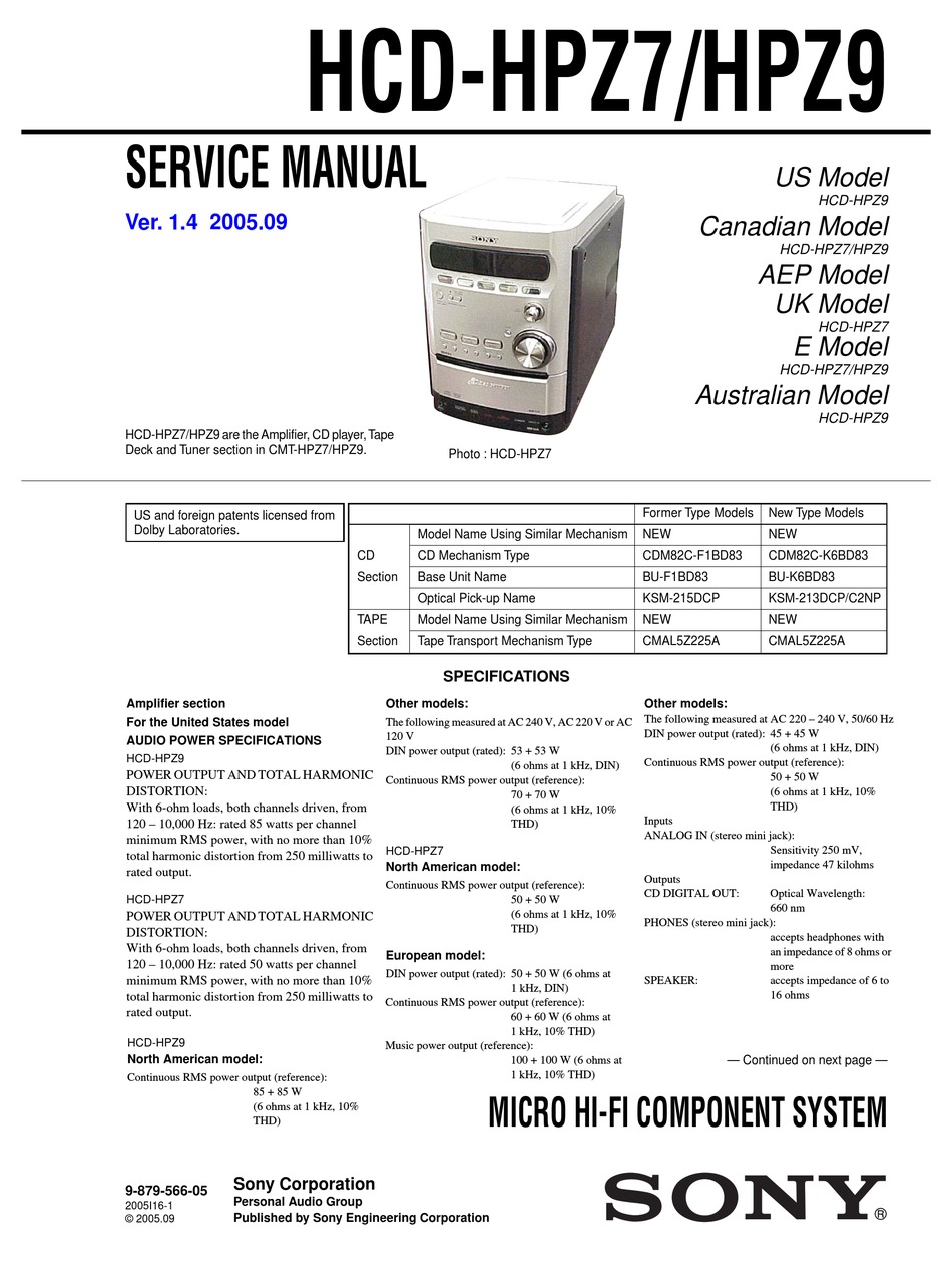 SONY HCD-HPZ7 SERVICE MANUAL Pdf Download | ManualsLib