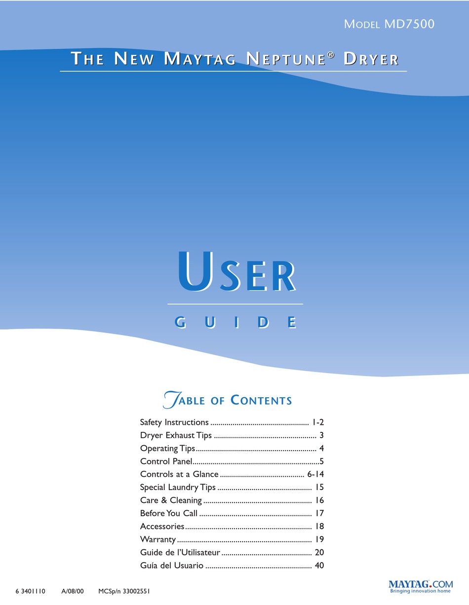 MAYTAG NEPTUNE MD7500 USER MANUAL Pdf Download ManualsLib