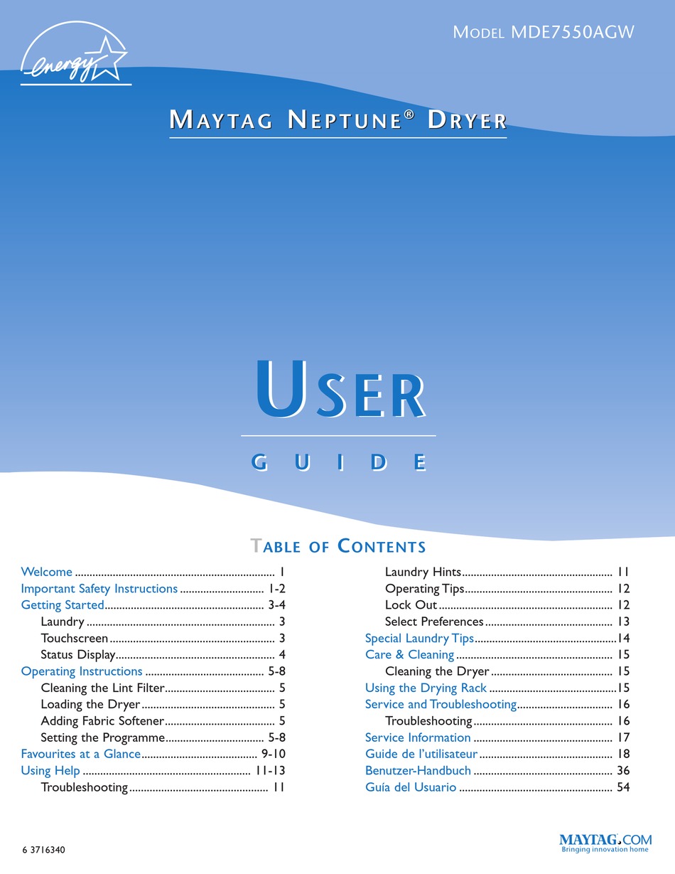 MAYTAG NEPTUNE MDE7550AGW USER MANUAL Pdf Download ManualsLib