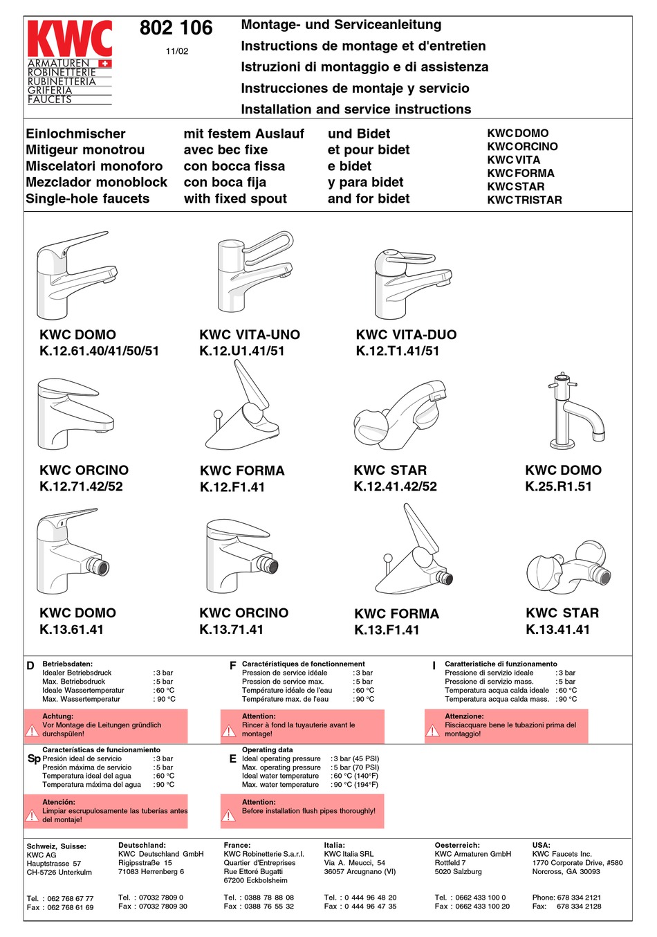 KWC 802 106 INSTALLATION AND SERVICE INSTRUCTIONS MANUAL Pdf Download
