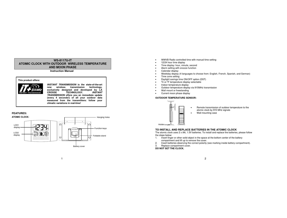 LA CROSSE TECHNOLOGY WS-8117U-IT INSTRUCTION MANUAL Pdf Download