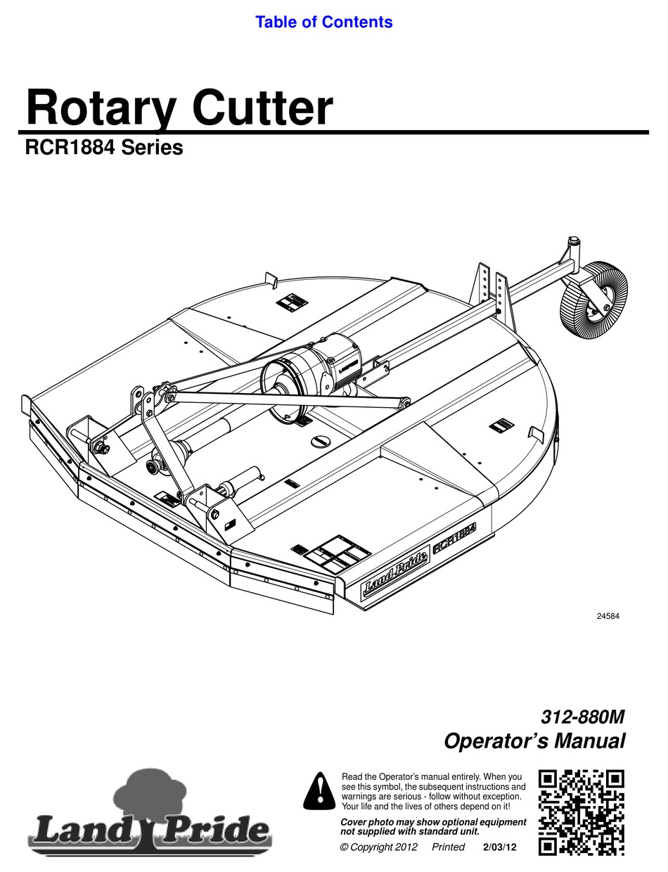 LAND PRIDE ROTARY CUTTERS RCR1884 OPERATOR'S MANUAL Pdf Download
